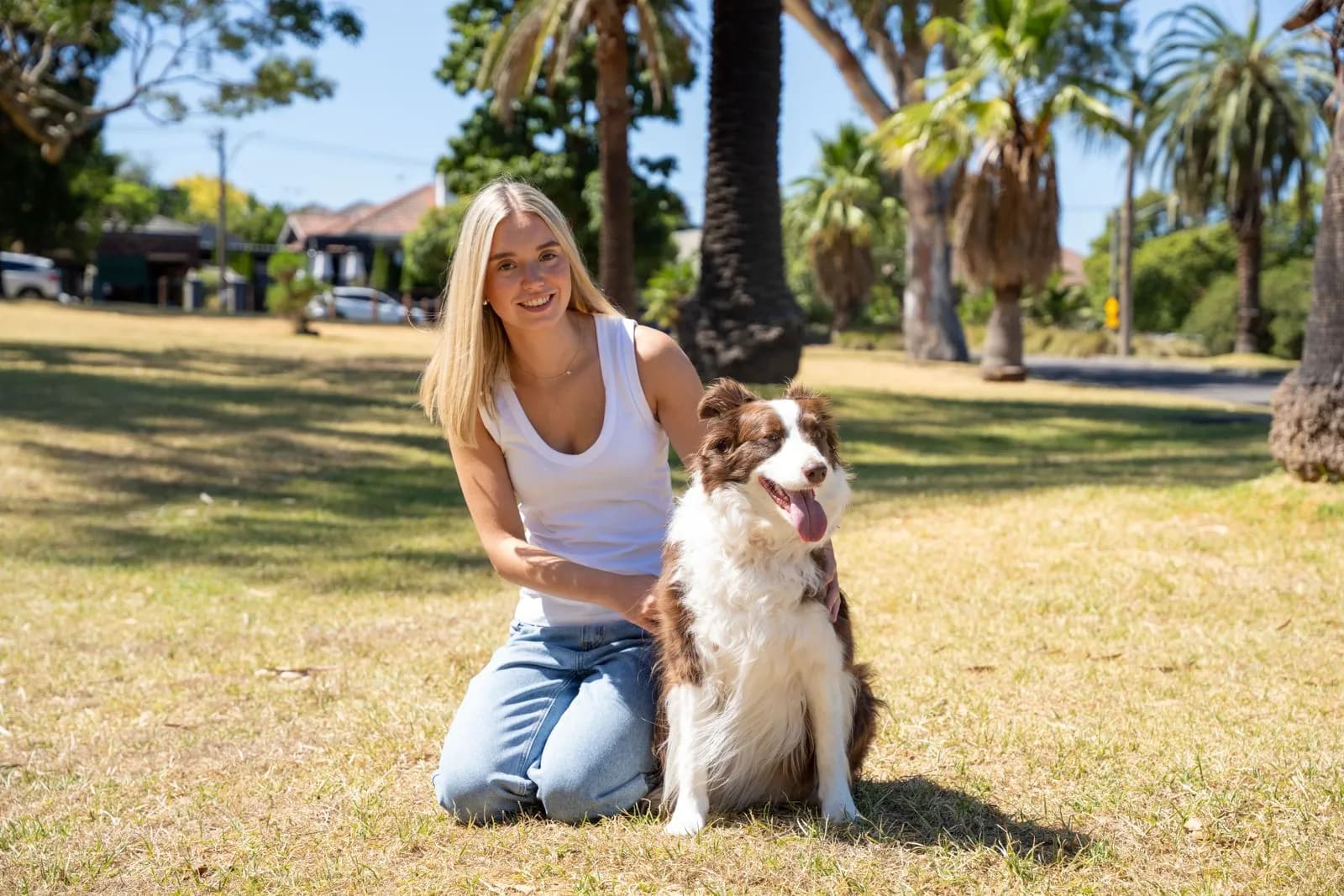 Ruby from T.M.J. kneeling on the grass beside a brown and white border collie